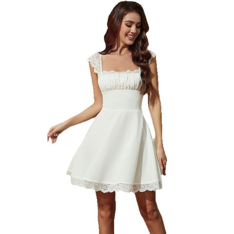 European and American dress temperament lace pleated short square neck suspender skirt women's splicing design
