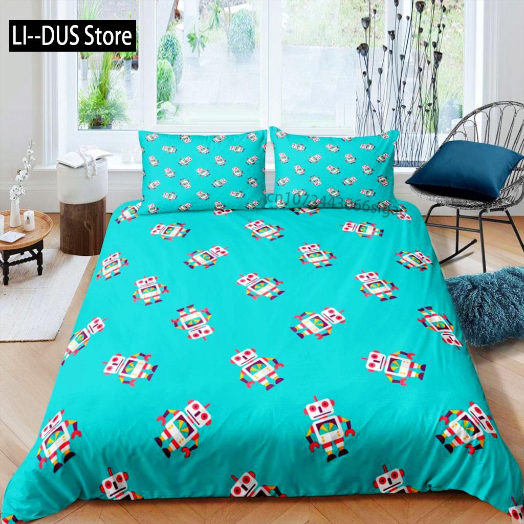 Robot Duvet Cover Set Kids Boys Watercolor Robot Bedding Set Modern Cartoon Super Robot Pattern King Size 2/3pcs Bedding Set