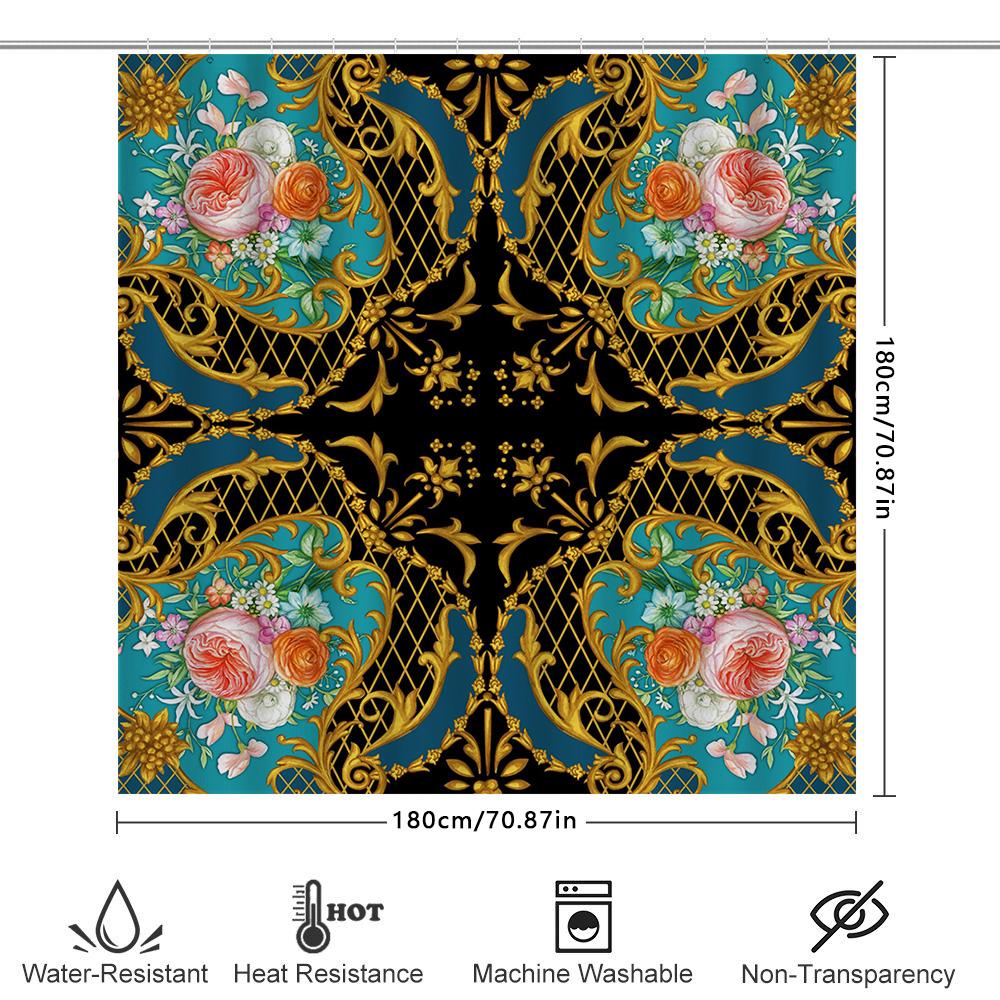 Vintage Baroque Floral Printed Shower Curtain for Bathroom Decor Black Background with Gold Trim.