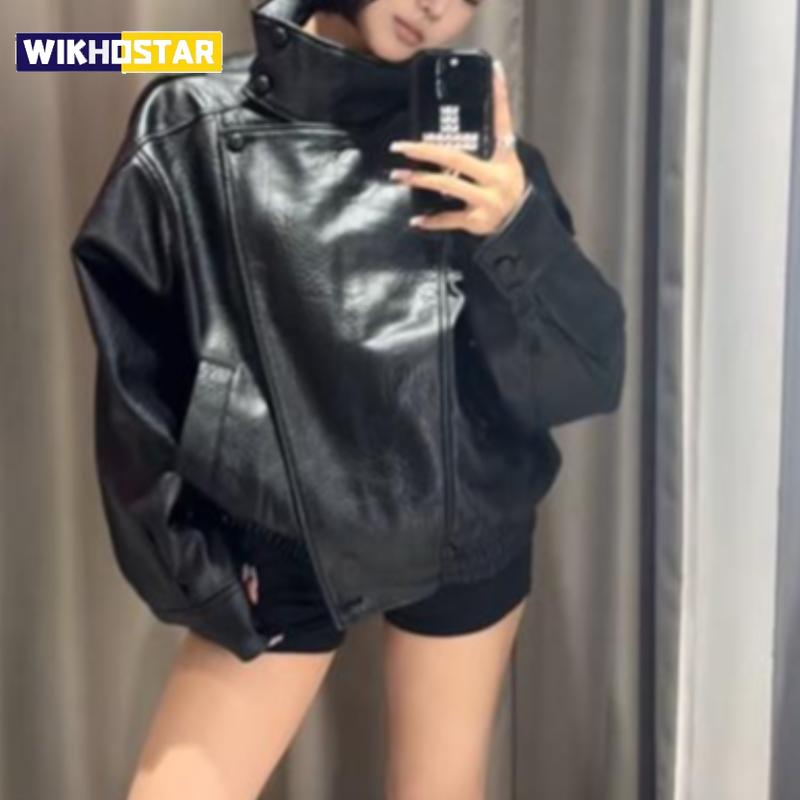 Chaqueta de Cuero PU Retro para Mujer Cuello Alto Fresco Manga Larga Bolsillos con Cremallera Abrigo Chic Otoño 2025 Ropa de Calle para Mujer