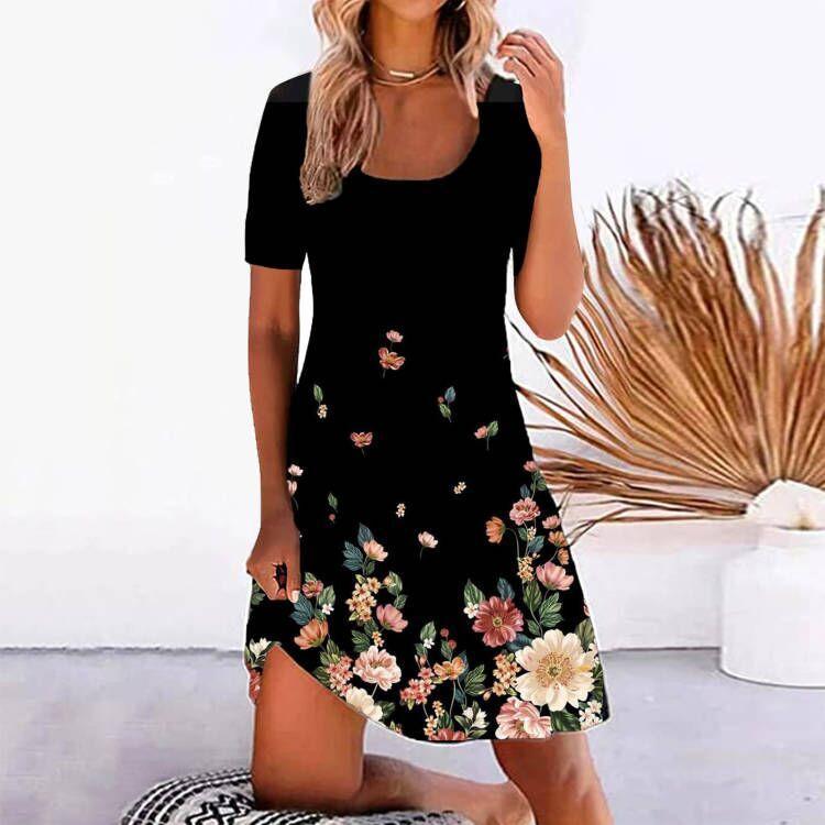 Ladies Sexy Fashion Positioning Print Square Neck Patchwork Short Sleeve Dress