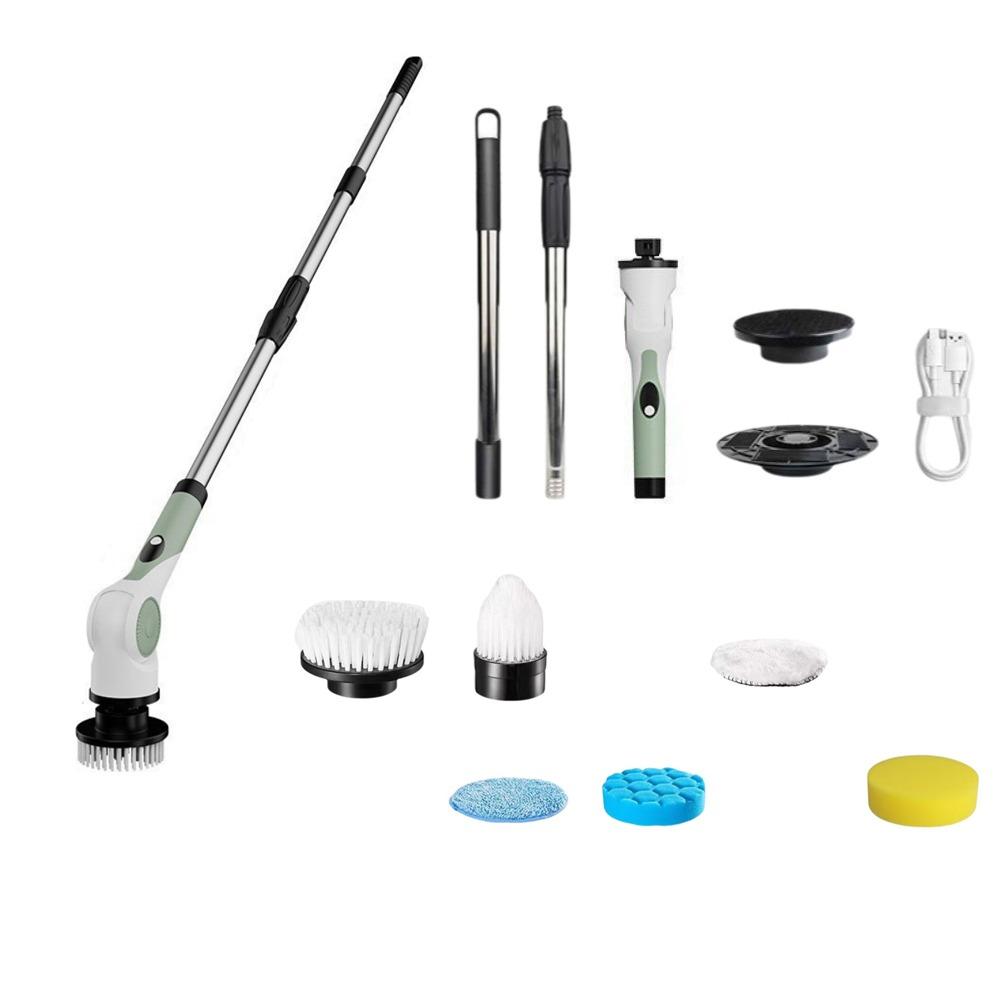 Rechargeable Telescopic Wireless Cleaning Brush Handheld Electric Spin Scrubber  Kitchen Green 6 Heads