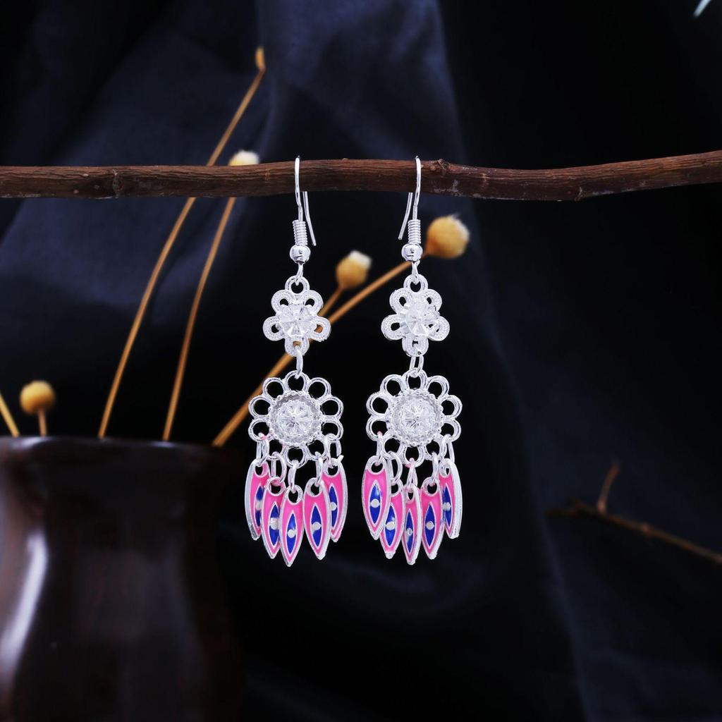 Ethnic Feather Tassel Dangle Earrings - Imitation Miao Silver Style, Popular Tourist Item, Cute Bean Design.