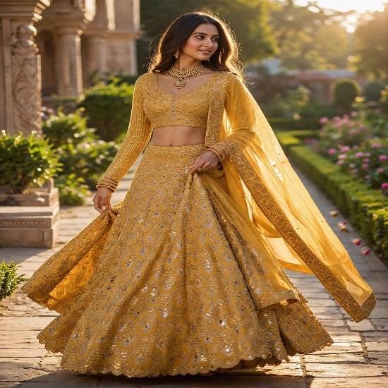 Radiant Mustard Yellow Mirror Work Lehenga Choli Set FREE SIZE