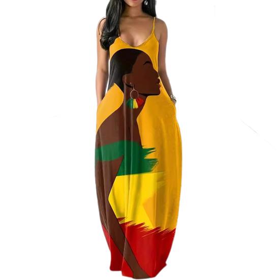 

Летнее женское платье на бретельках в стиле ретро с контрастным цветным принтом большого размера с V-образным вырезом без рукавов и открытой спиной в богемном стиле трапециевидной формы длиной до щиколотки для отдыха Макси-платье M жёлтый