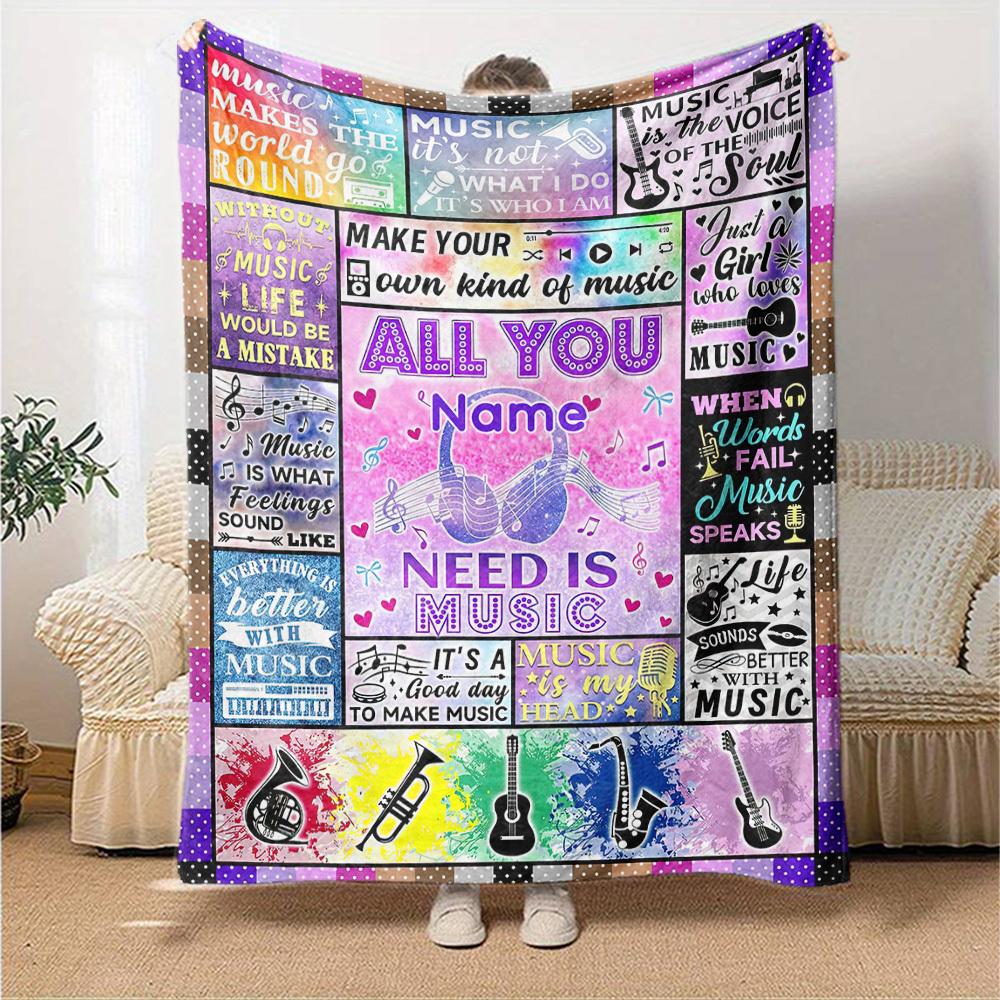 Music Quotes And Instruments Collage Lightweight Customizable Blanket Text Soft Warm Cozy Suitable For Sofa Couch Office Bed Picnics Four Seasons