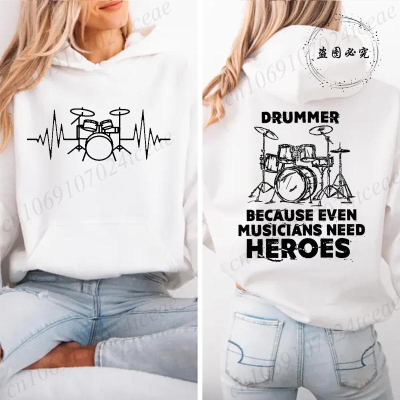 Autumn Fleece Hoodie Drum Heartbeat Print Hooded Drummer Fashion Sweatshirt Long Sleeve Top Drumming Music Musician Band Hoodies