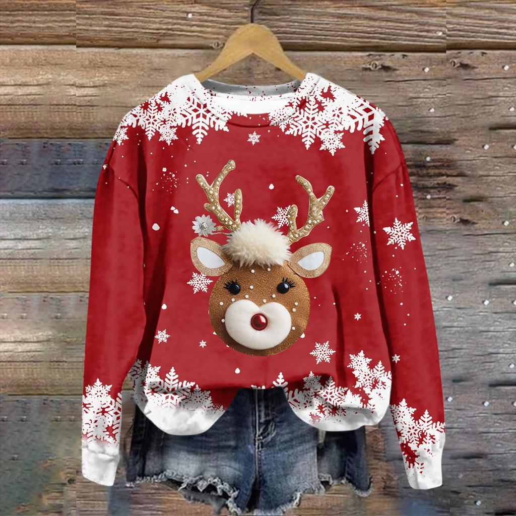 Women's Fashion Christmas Printed Long Sleeve Loose Round Neck Sweatshirt Top
