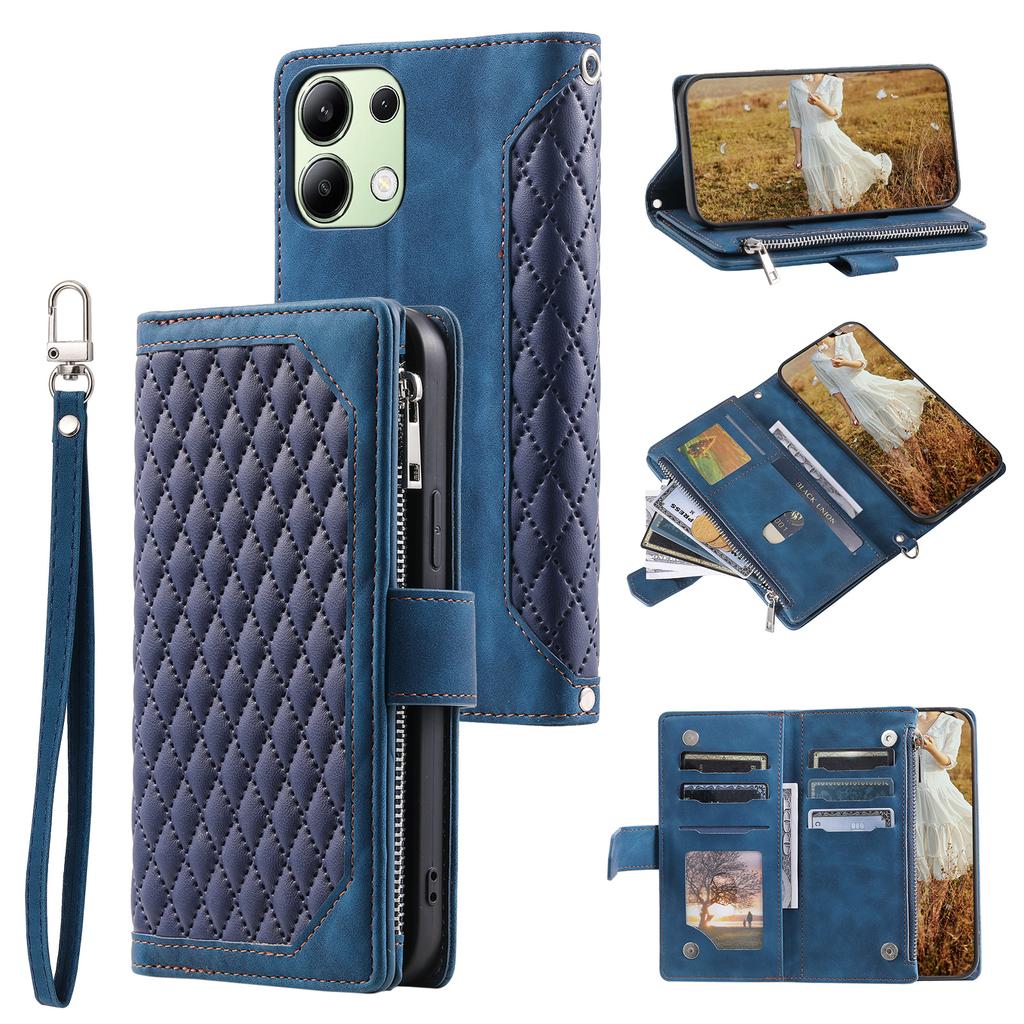 For Xiaomi Redmi 15C 4G (173mm) Wallet Case Rhombus Stitching Line PU Leather Phone Cover with Wrist Strap