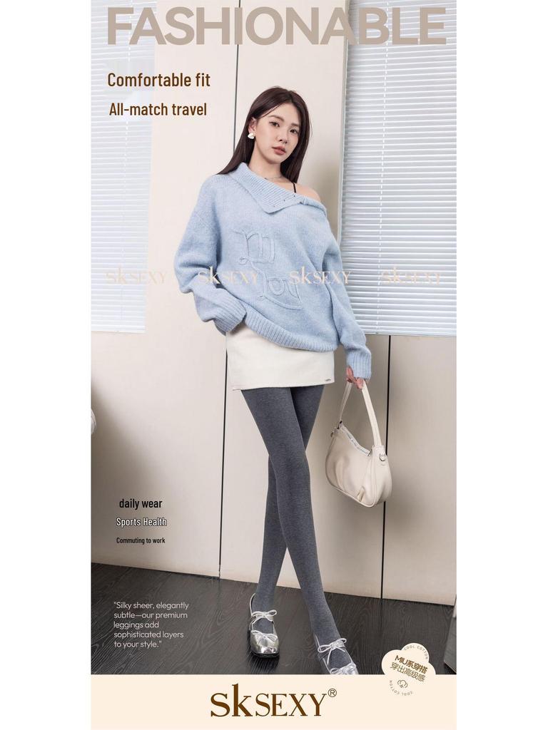 SK553 Women's Gray Slimming Fleece-Lined Stripe Pantyhose - Warm Autumn/Winter Style
