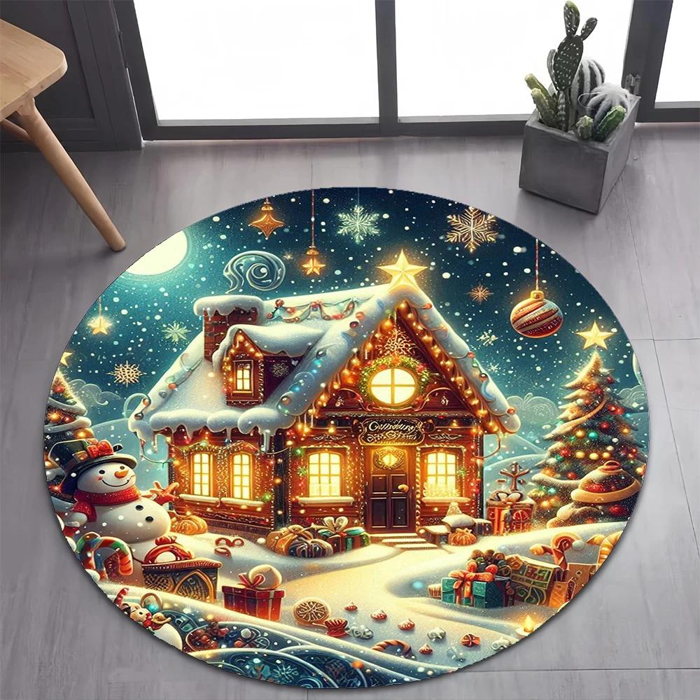 Christmas Night Round Carpet Mat Santa Reindeer Sleigh Pattern Rug Soft Home Decoration for Holiday Party Living Room Decor