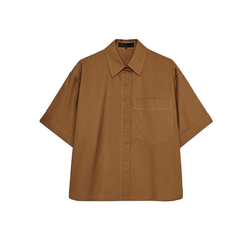 Spring and Summer New Women clothes Pleated Decorative Pocket Decoration Poplin Cotton Short sleeve Shirts Top 4764025