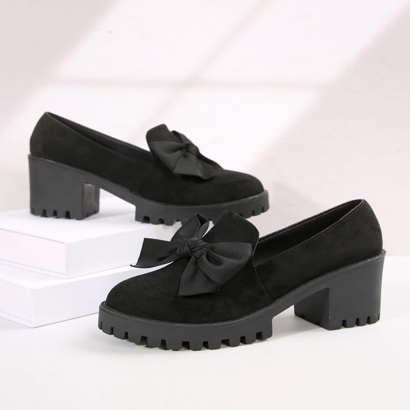 Frühling und Herbst Einfarbig Schleife High Heels Dickbesohlt Einzelne Schuhe Modisch Neu Bequem Lässige Damen Schuhe