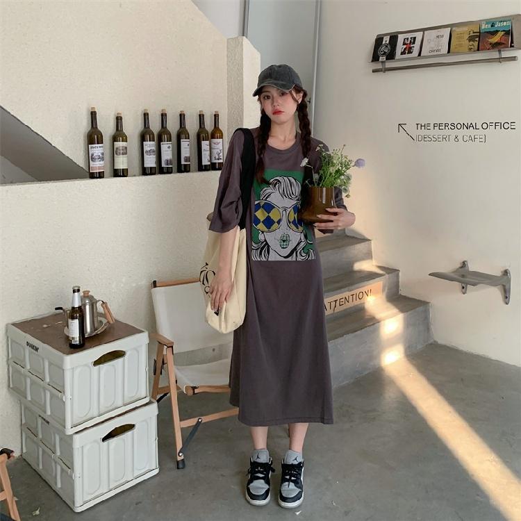 Rochie tricou de damă cu mânecă scurtă și gât rotund, mărime mare, cu croială lejeră, rochie lungă în stil relaxat, rochie de dormit până la genunchi