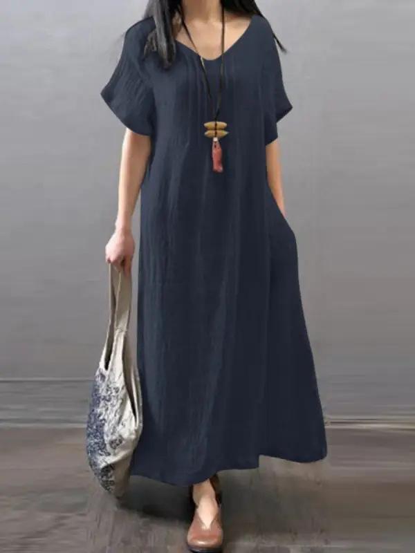 

V-neck dress cotton and linen loose casual solid color pocket dress women s clothing S тёмно-синий