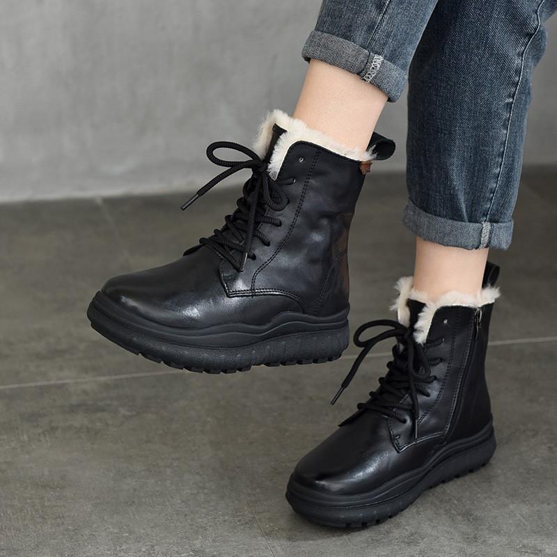 Johnature Thick Sole Wool Boots Thickened Warm Cotton Boots Genuine Leather Retro Women Short Boots