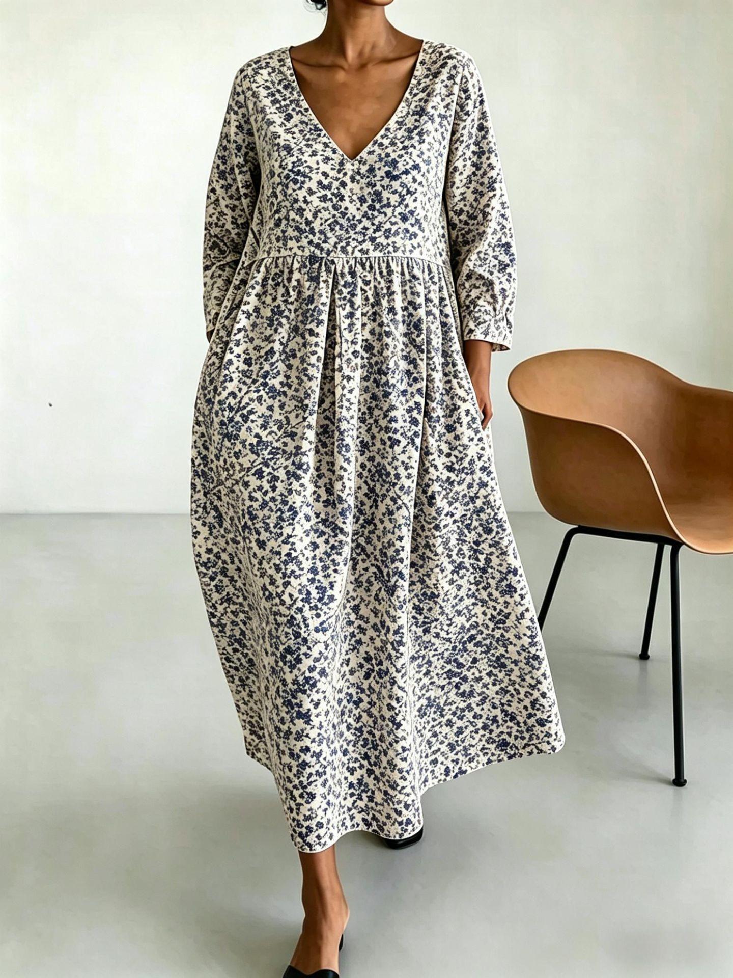 New loose v-neck leopard print bubble sleeve dress long dress spring and summer printing temperament S