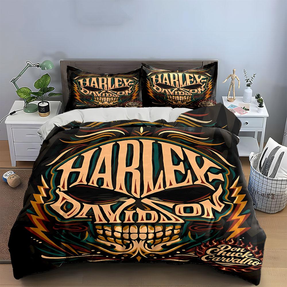 Calavera, llamas, logo de Harley-Davidson. Juegos de cama Juegos de fundas nórdicas Fundas nórdicas Fundas de almohada(1 * Funda de edredón 2 * Fundas de almohada sin relleno de edredón)