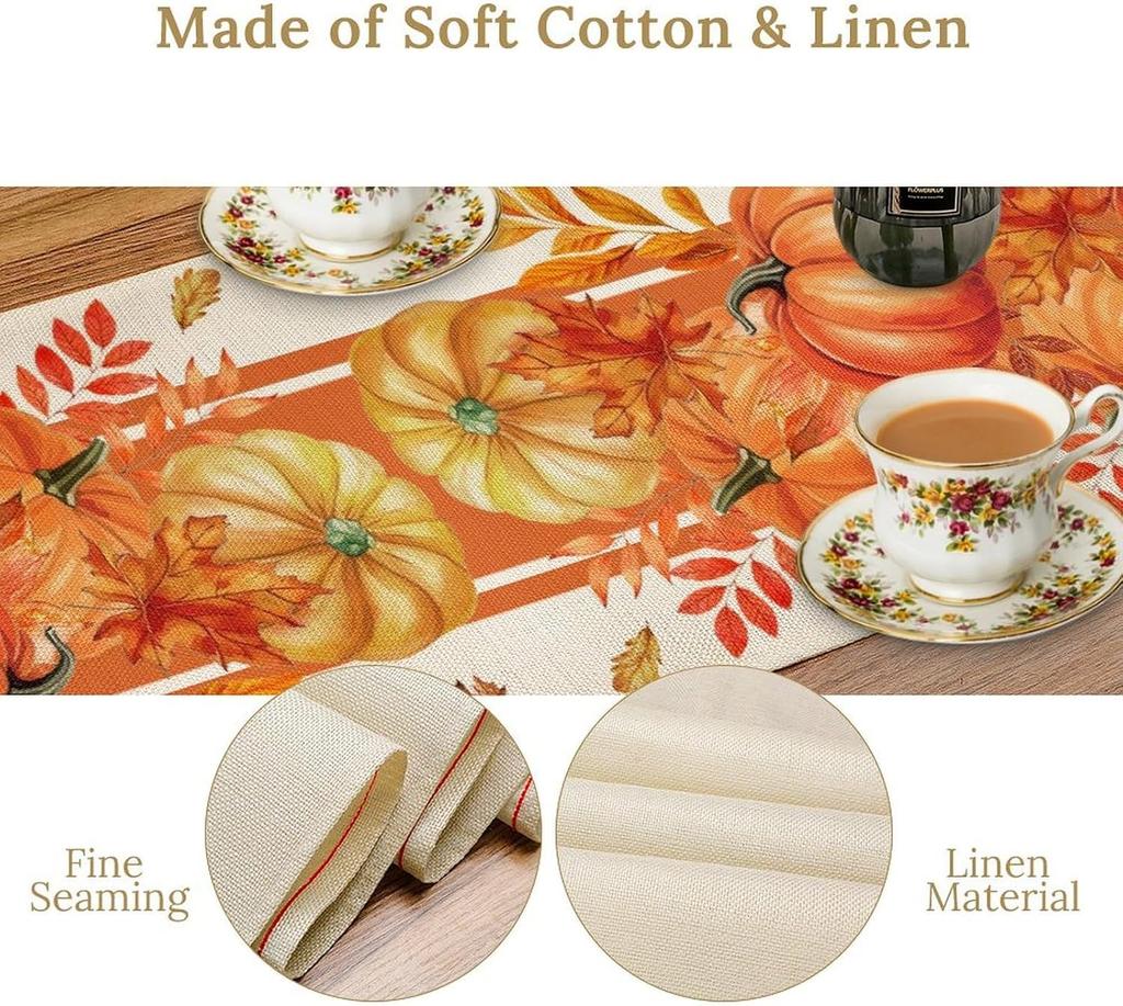 Fall Pumpkin Maple Leaves Linen Table Runner Holiday Party Decor Washable Kitchen Dining Table Runner Autumn Decorations