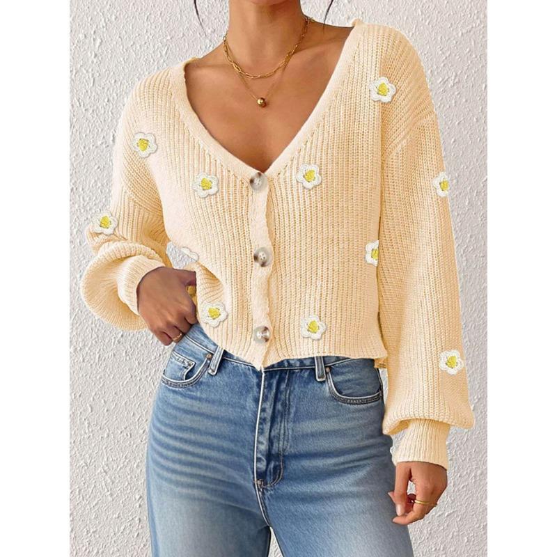 Women Loose Long Sleeve V Neck Cropped Hand Crochet Flower Patchwork Cardigan Sweater
