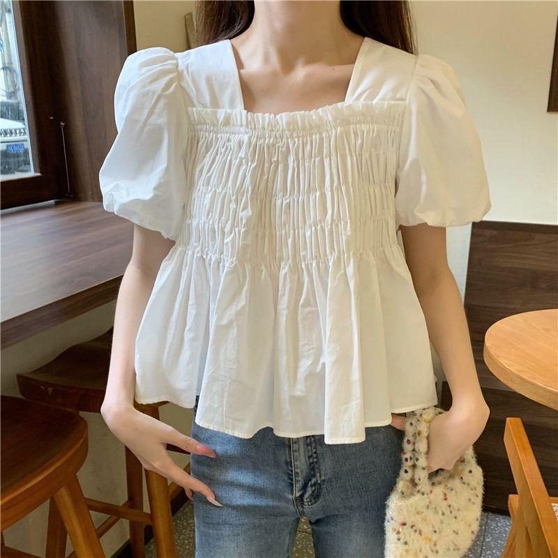 Women's Korean-Style Ruffled Puff Sleeve Shirt, Square Neck, Waist-Cinching, Tummy-Hiding, Doll Shirt, Summer Short Sleeve Top.
