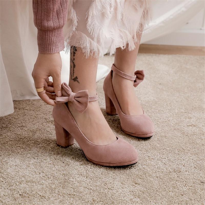 Girls High Heel Shoes Suede Women 7.5cm High Heels Sweet Bowknot High Heel Ladies Pumps Girls Princess Wedding Party Shoes33-43