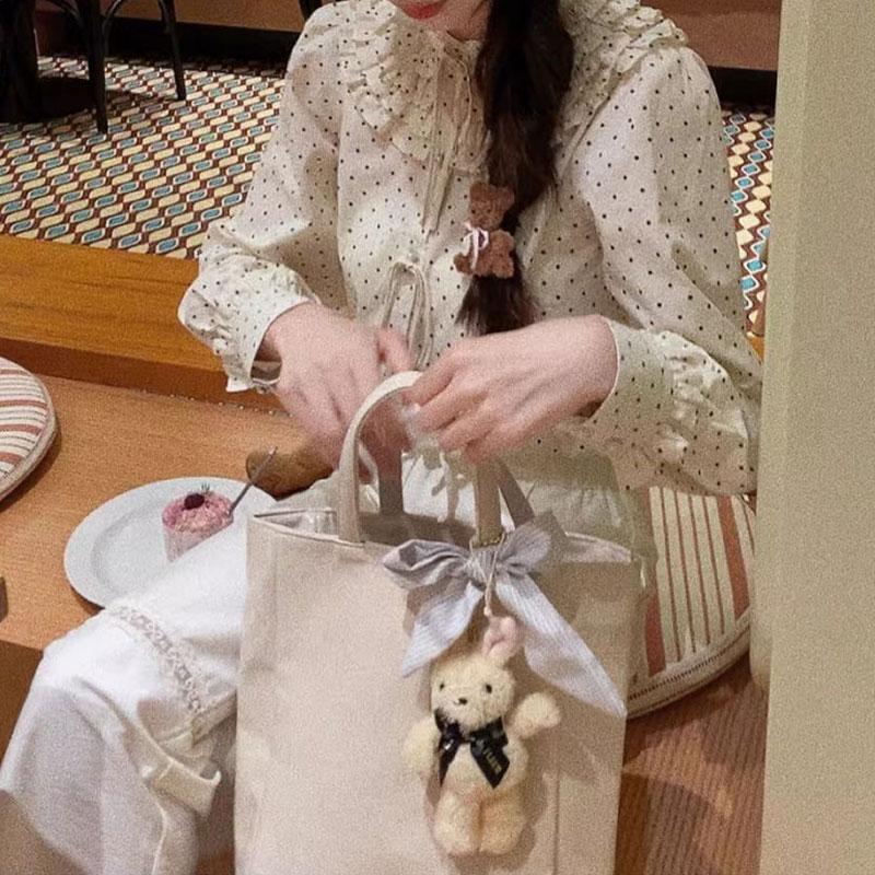 Sweet Drawstring Polka Dot Blouse Women's Clothing Bow Stylish Ruffles Spliced Basic Spring Autumn Japan Style Long Sleeve Shirt