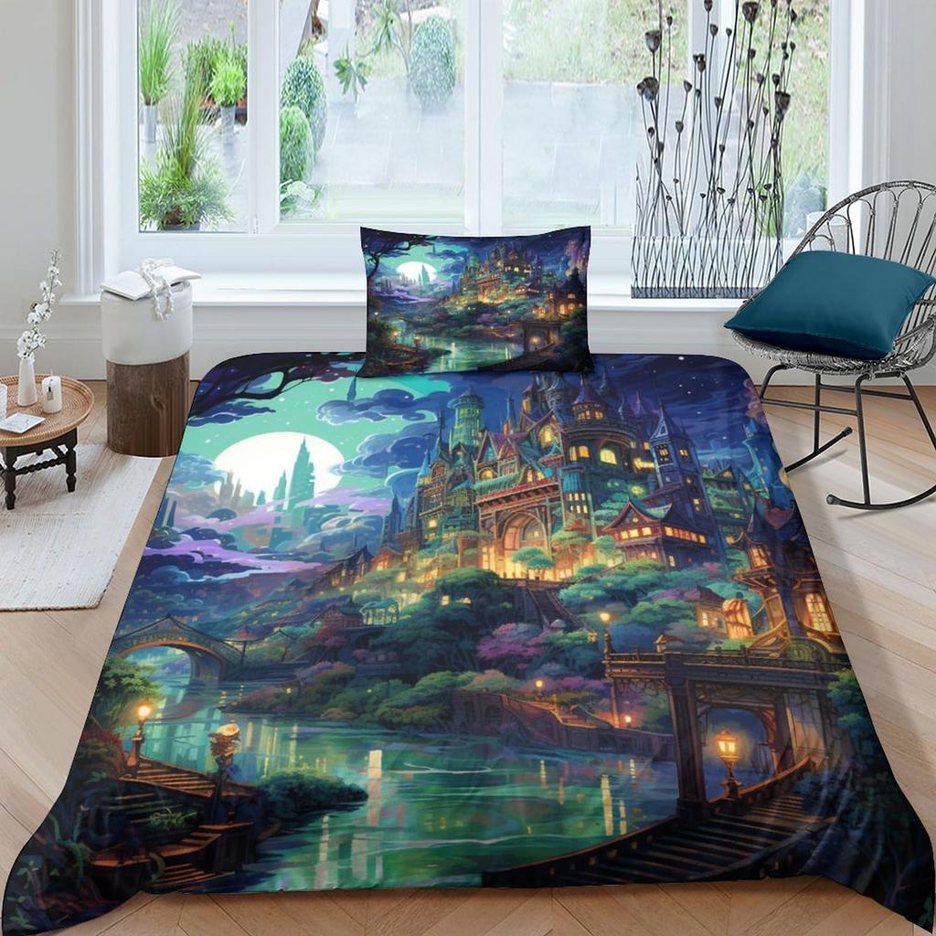 Ancient Chinese Architecture Duvet Cover for Teens Adults Quilt Covers Lightweight Down 2 Pillowcases 1 Duvet Cover No Comforter