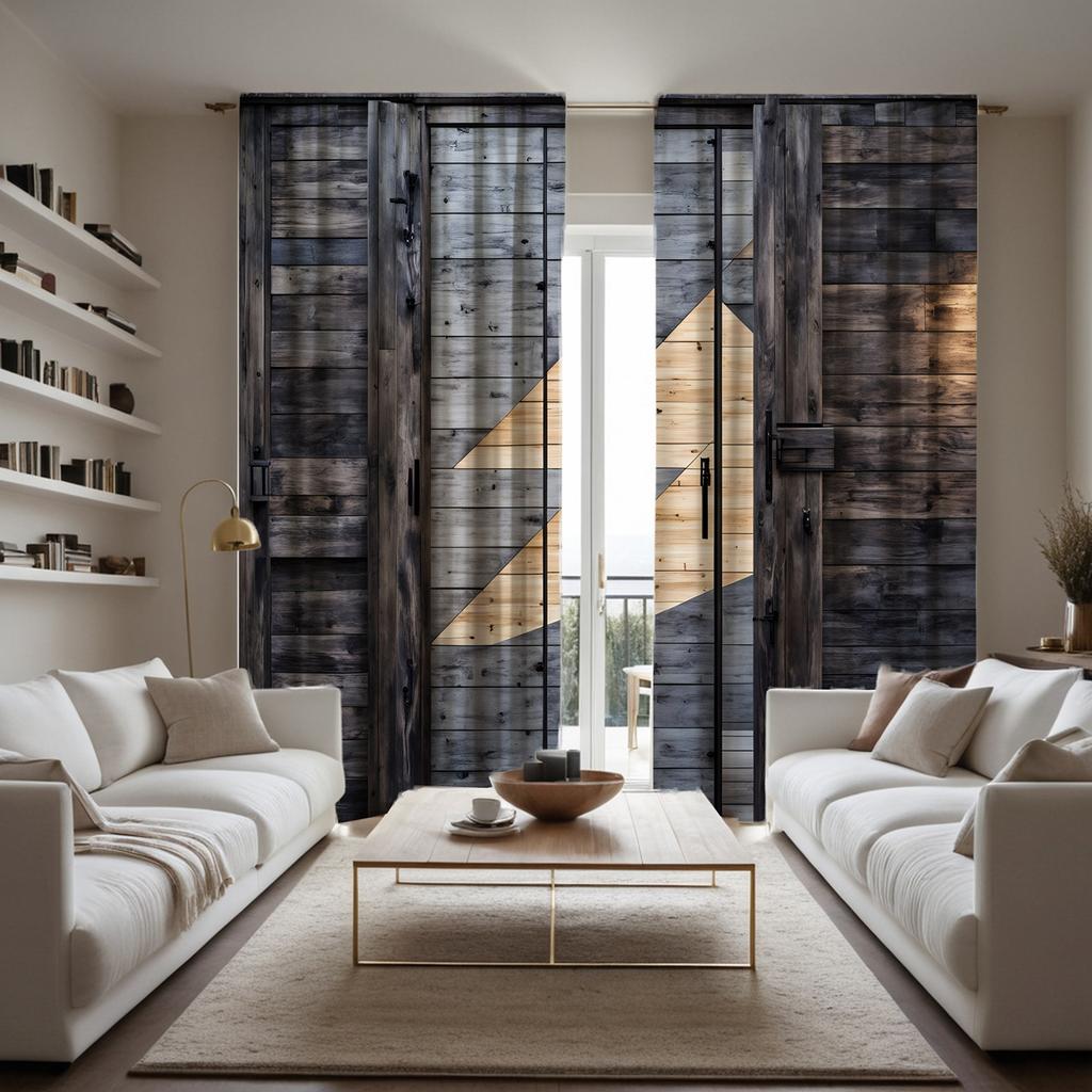 2pcs HD Vintage Wood Door Texture Decorative Curtain Black Tie Digital Printed Curtain Home Decor Style Decorated Living Room