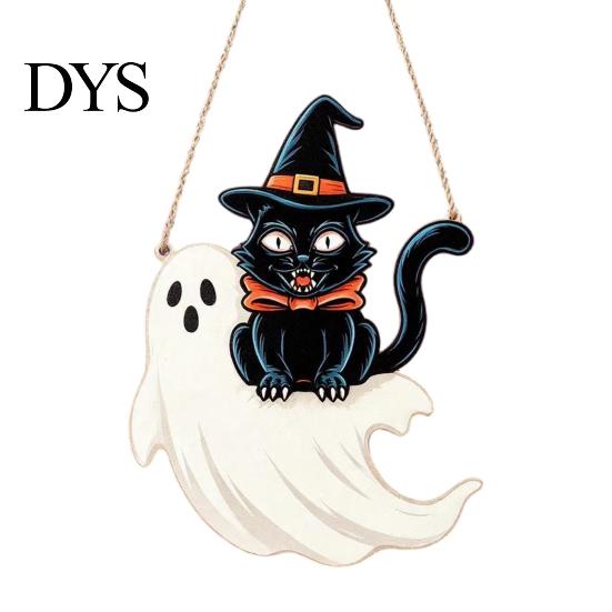 Autumn Theme Wall Ornament Halloween Wooden Door Hanging Sign, Black Cat Bat Pumpkin Plaque with Creative Holiday Party Supplies Jute Rope, Farmhouse