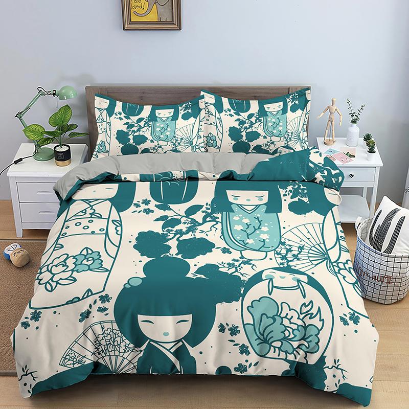 Japanese Doll Printed King Queen Duvet Cover Cartoon Lucky Cat Bedding Set For Kids Girls Fan White 2/3PCS Polyester Quilt Cover