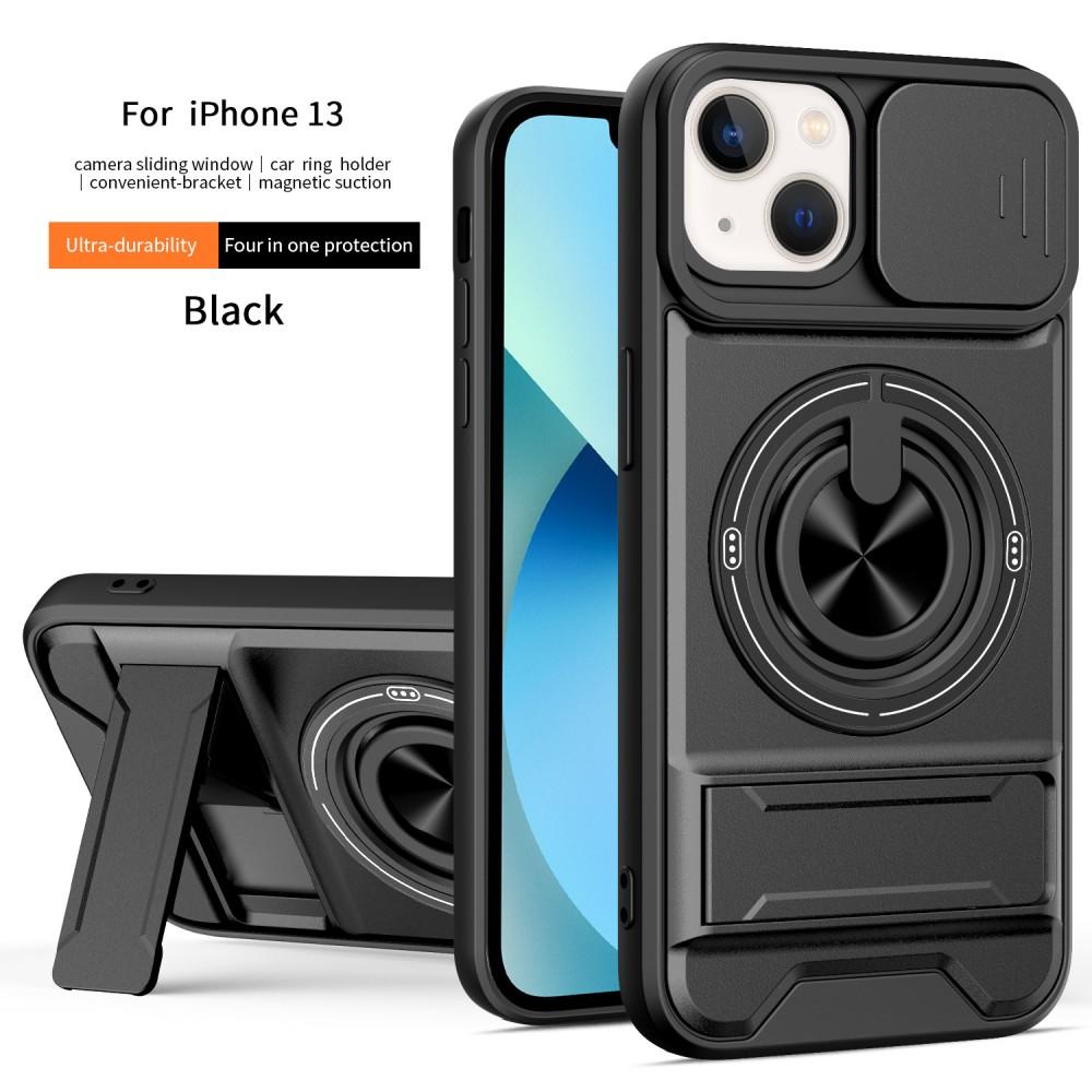 

Многофункциональный противоударный чехол для iPhone 13 с кольцом-держателем, выдвижным окном для камеры и магнитным креплением для автомобиля чёрный