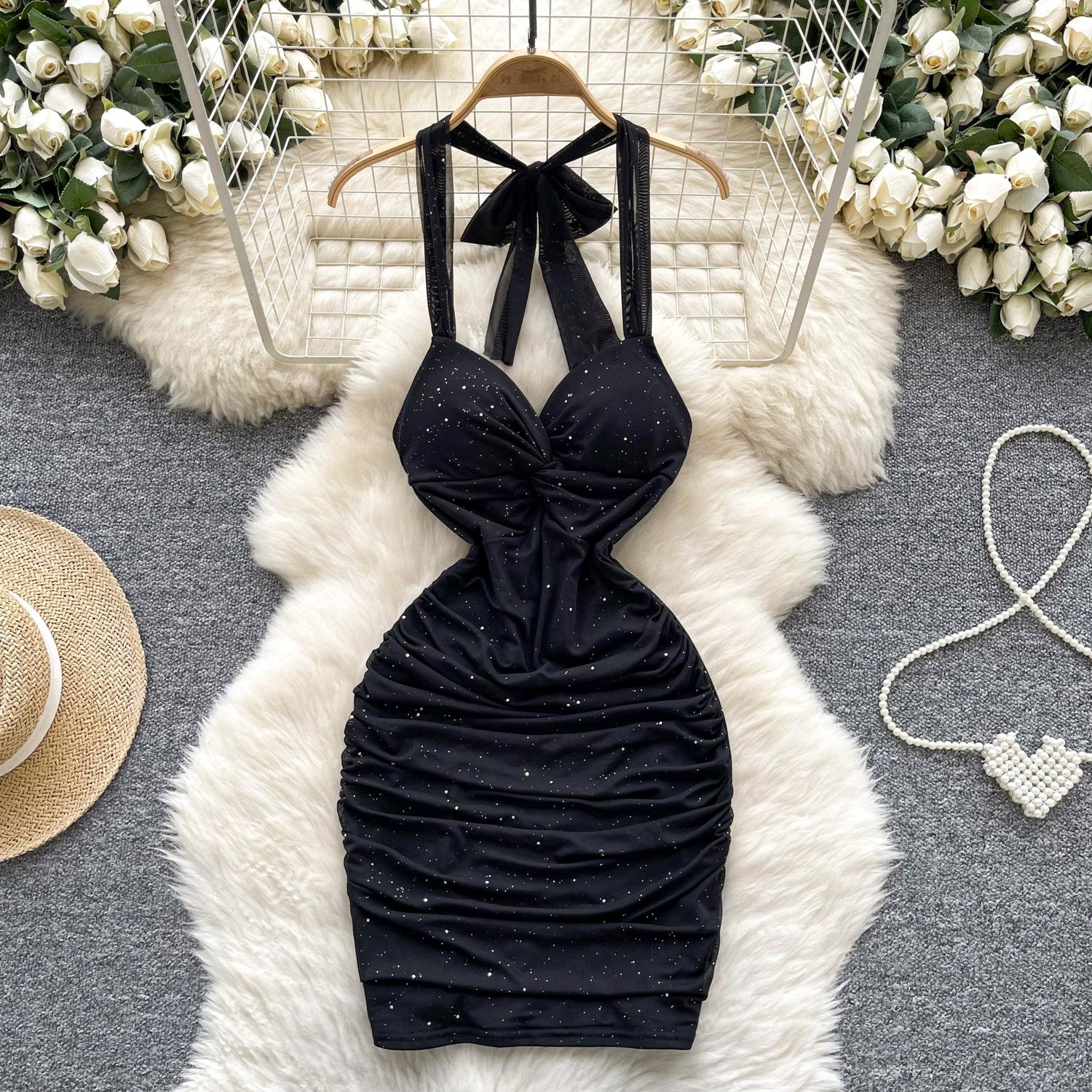 

Летние женские сексуальные бретельки через шею с открытой спиной, блестящие, облегающие, мини-короткие, клубные платья для вечеринок L чёрный