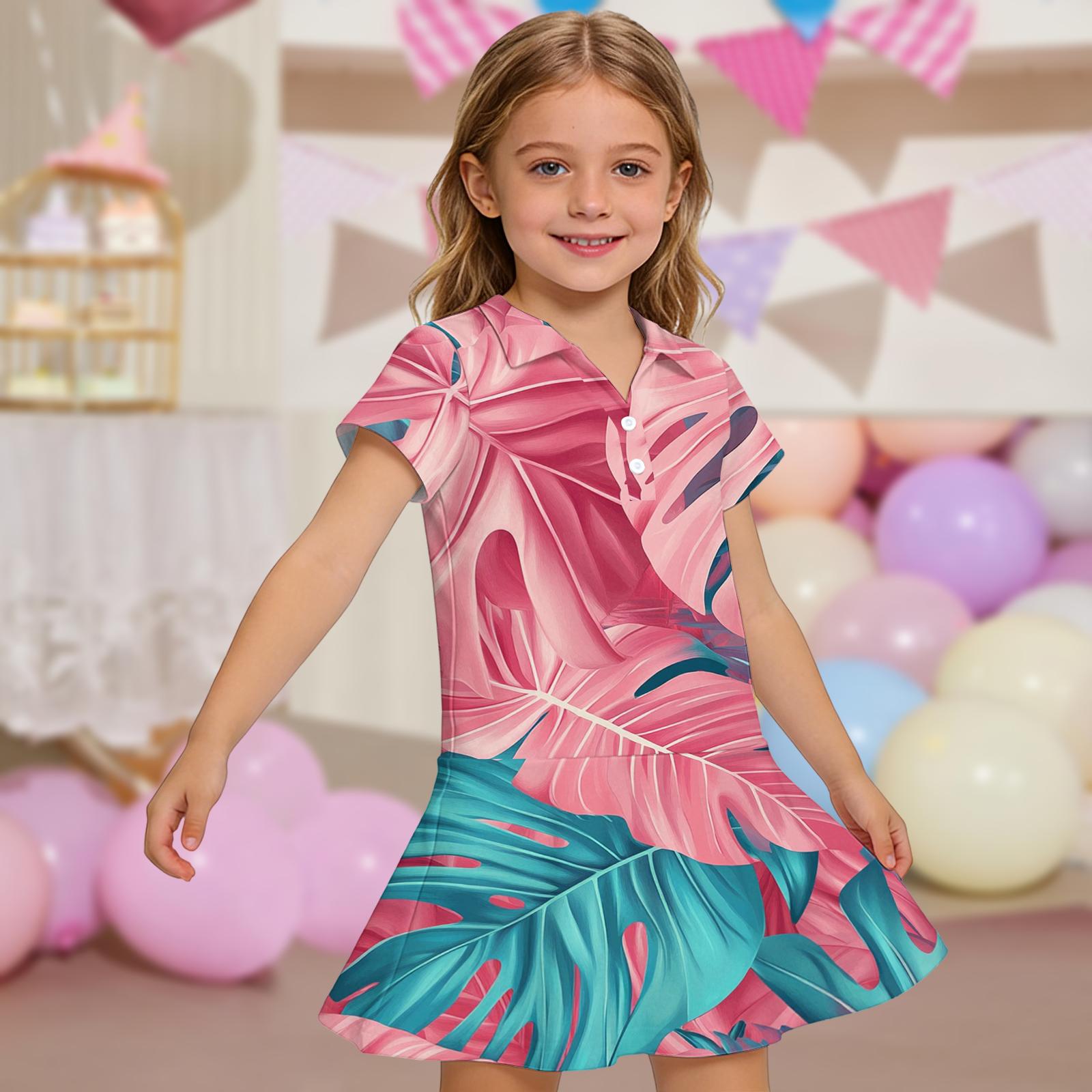 

Girls Short Sleeve Polo Dress Hawaiian Style Tropical Leaf Print Casual Dress with Front Pockets Lightweight Comfortable Fabric 110