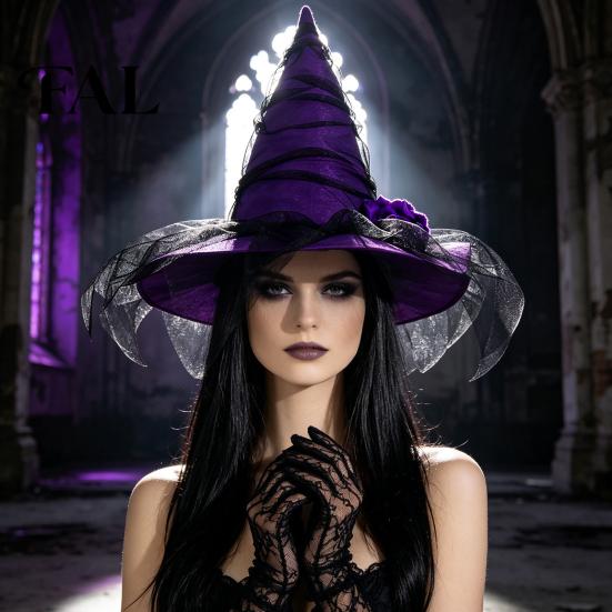 Costume Accessory for Role Play Halloween Witch Hat Women, Gothic Mesh Rose Flower Versatile Dark Style Photo Shoot Wizard Costume, Cosplay