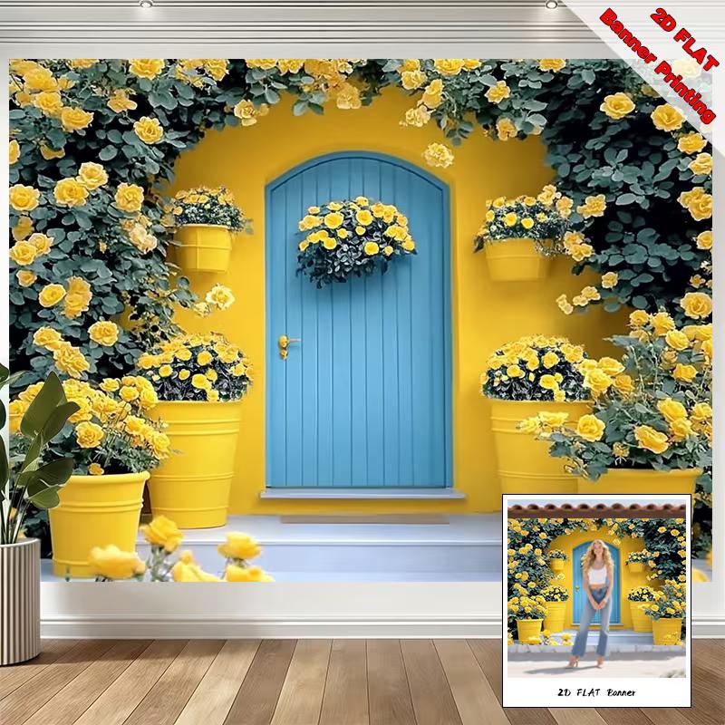 2D Yellow Rose Door Backdrop Bright Floral Wall Photography Background