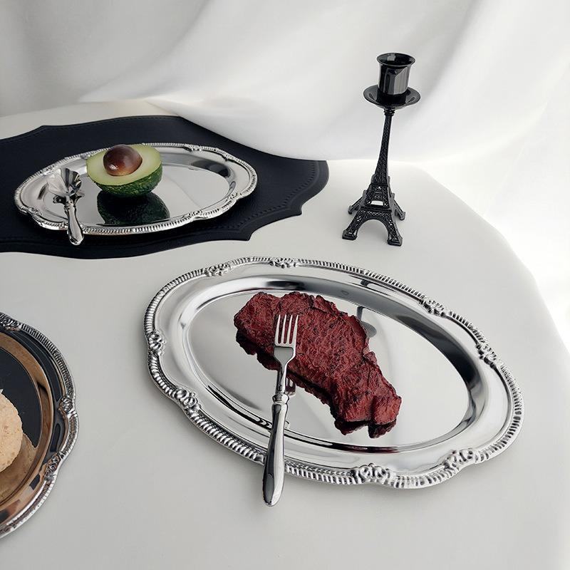 Vintage Embossed Silver Tray Serving Platter For Desserts Jewelry Storage Organizer Snack Plate Dining Table Decoration