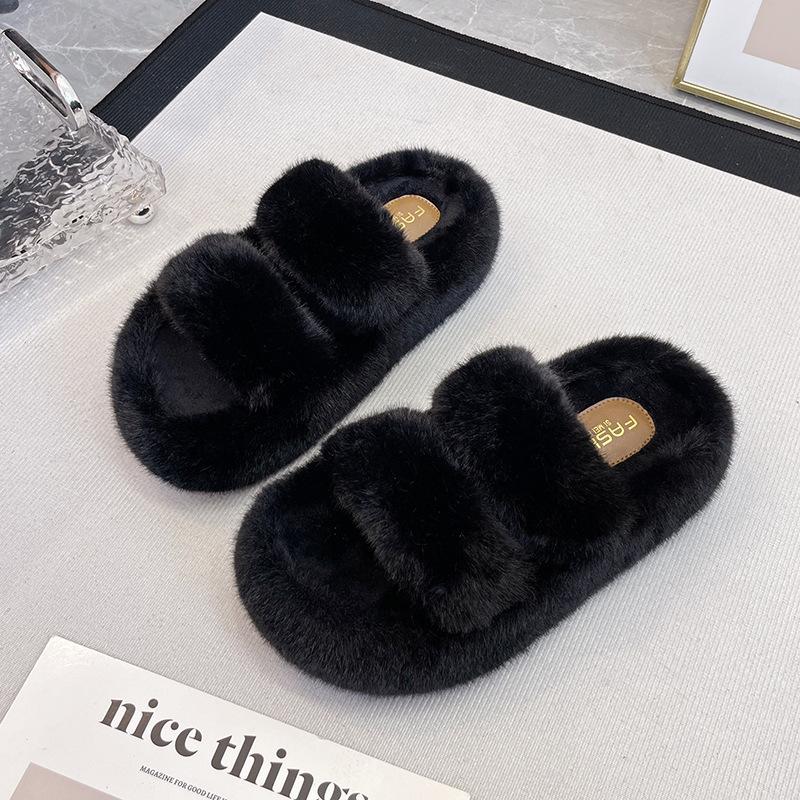 

2025 Korean version of plush fashion fluffy slippers for women to wear autumn and winter new versatile one-word two cotton slippers 35 чёрный