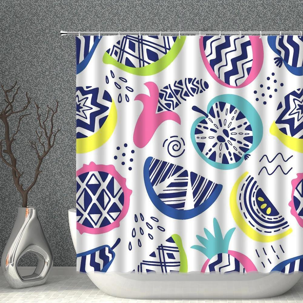Fruits Shower Curtain Waterproof Fabric Watermelon Apple Strawberry Print Bath Curtains Set Pink Green White Bathroom Screen