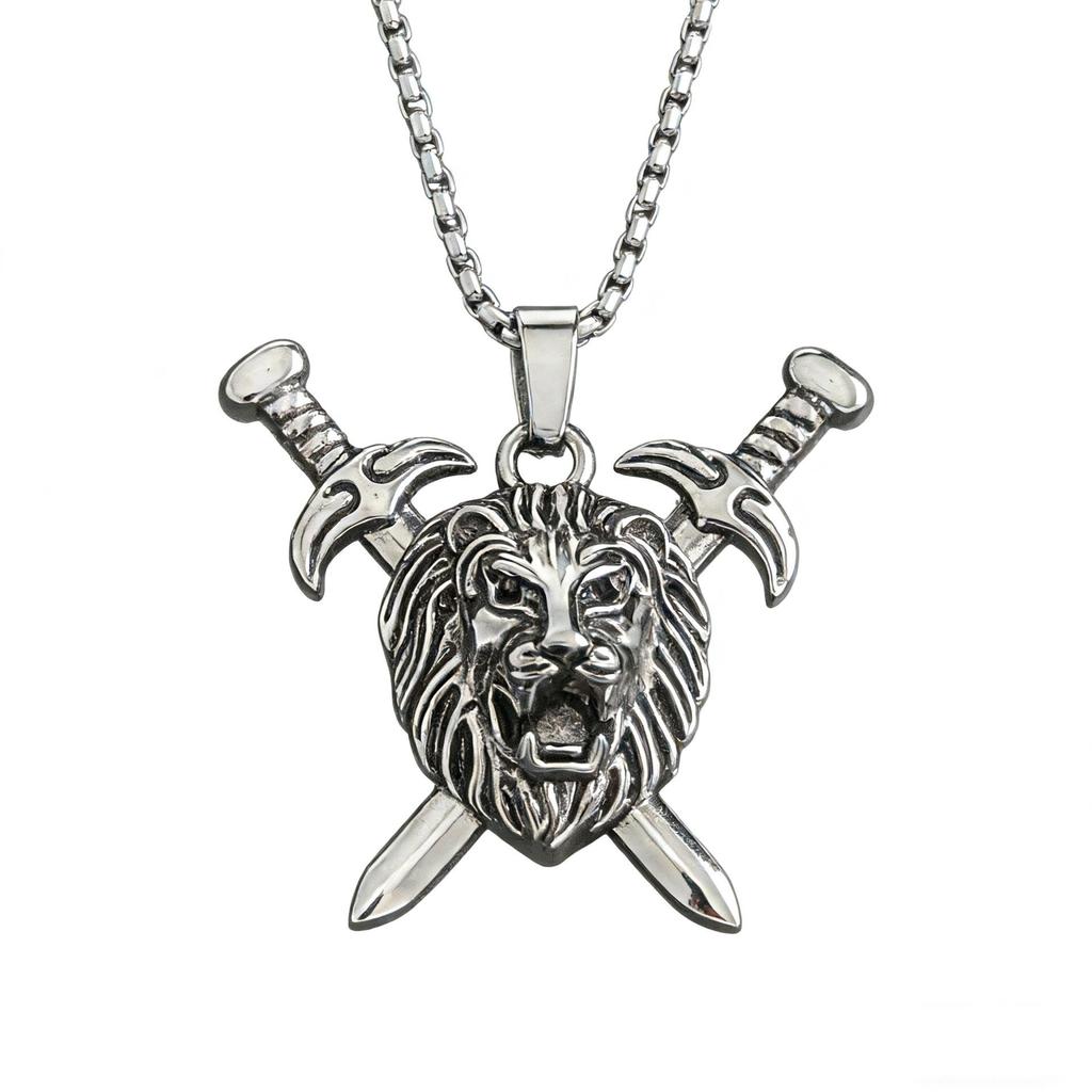 Retro Stainless Steel Lion Head Sword Pendant Necklace - European & American Hip Hop Style