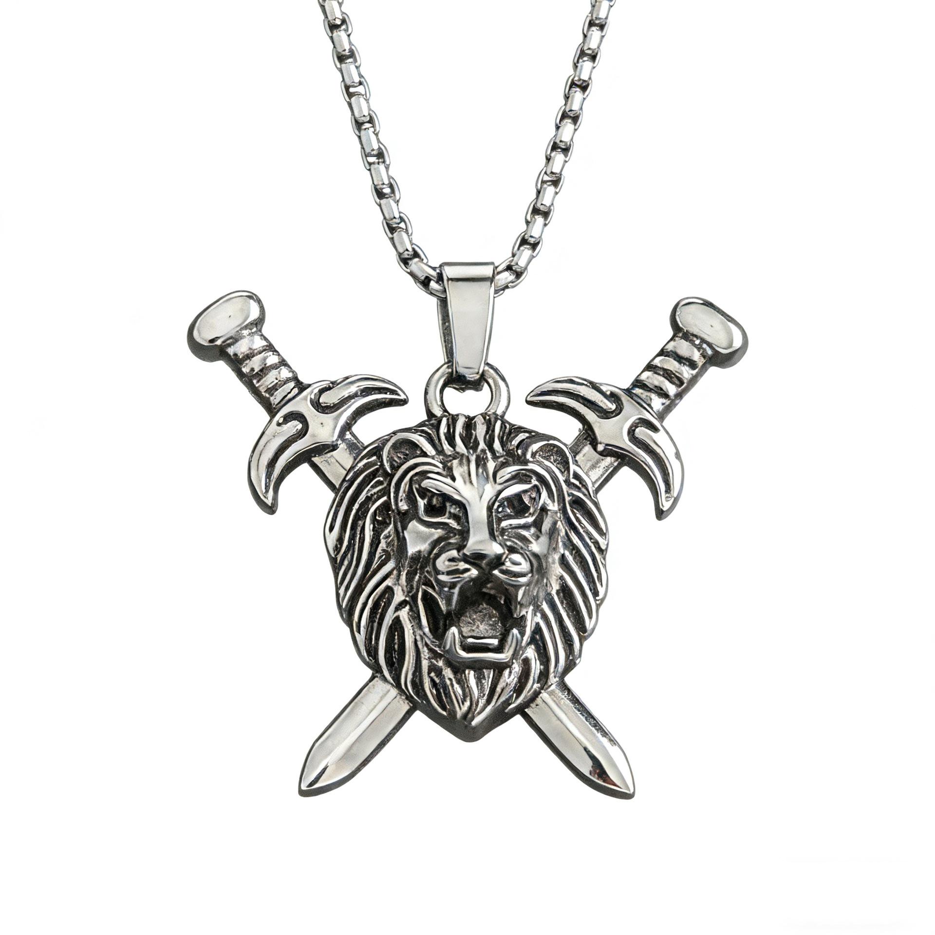 Retro Stainless Steel Lion Head Sword Pendant Necklace - European & American Hip Hop Style