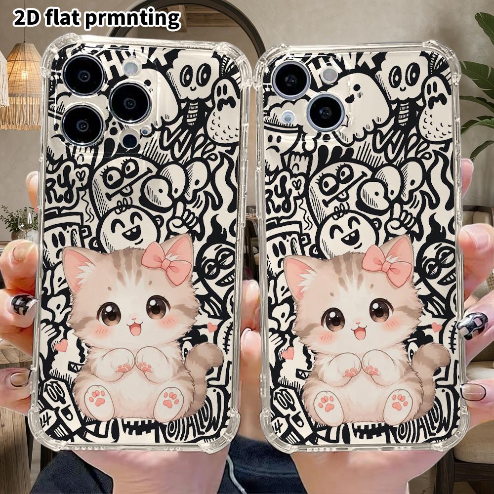 Phone Case: 2D Flat Suitable for iPhone 18 17 16 15 14 13 Pro, Transparent Four Corner Protective Case, Light Gray Kitten, Christmas and Halloween Gif