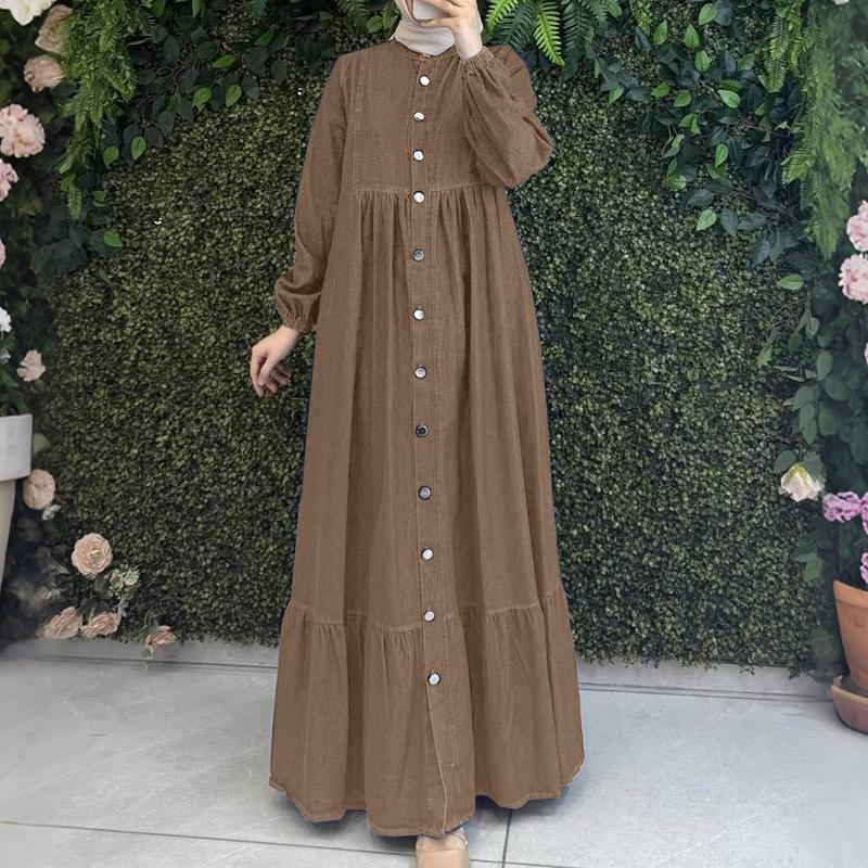 

ZANZEA Women Casual Round Neck Long Sleeve Loose Retro Long Dress M хакі