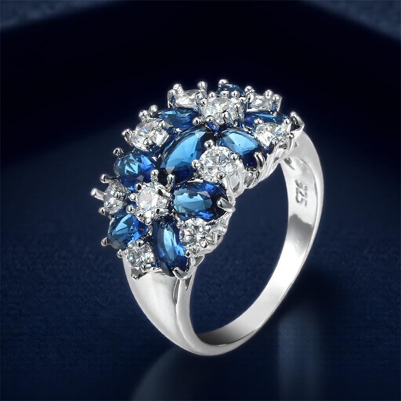 Blue Crystal White Zircon Star Flower Rings For Women CopperColor Engagement Promise Band Wedding Jewelry Valentine's Day Gifts