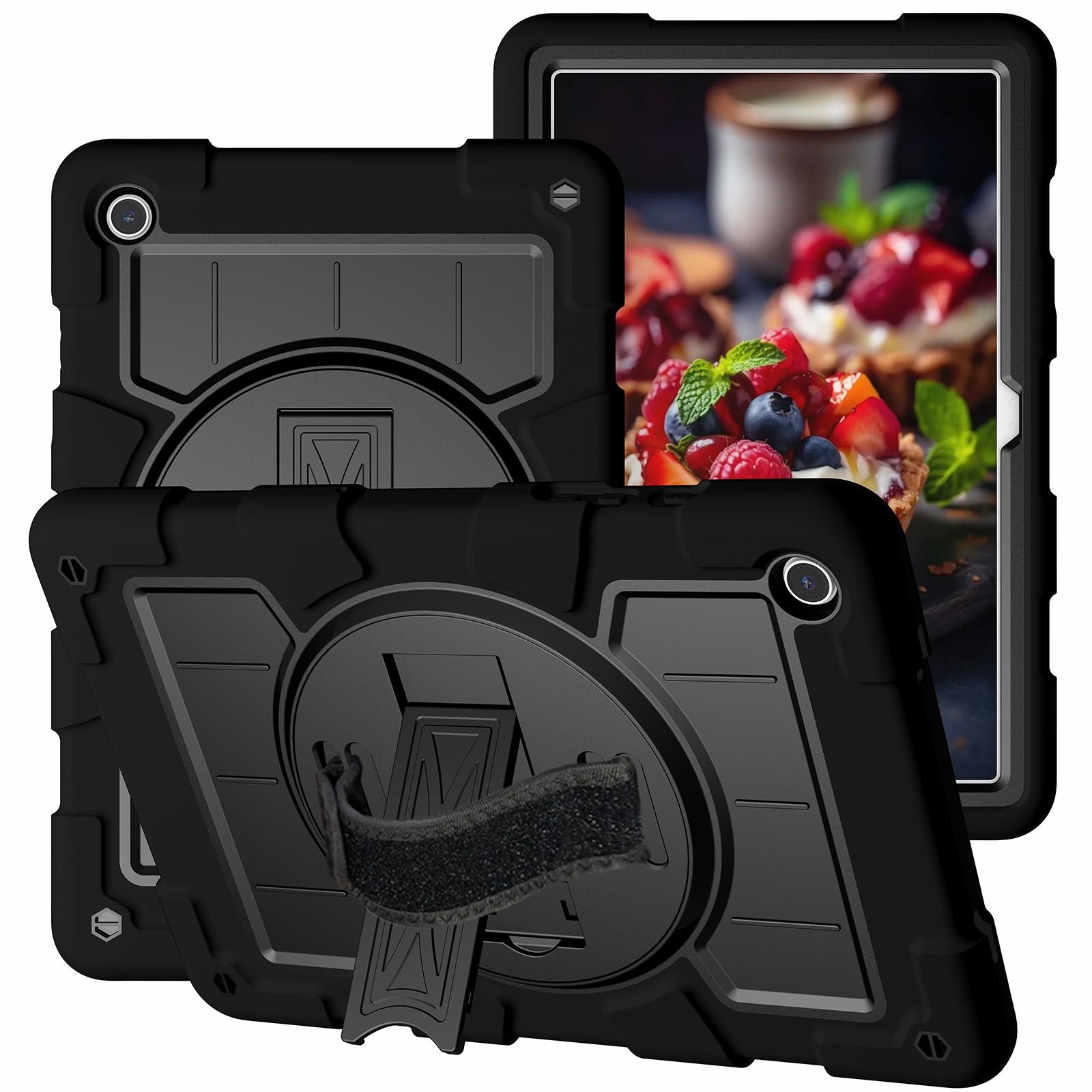 

For Samsung Galaxy Tab A9+ Kickstand Case Rotating Hand Strap PC+TPU Tablet Cover with Shoulder Strap Navy Blue/Green