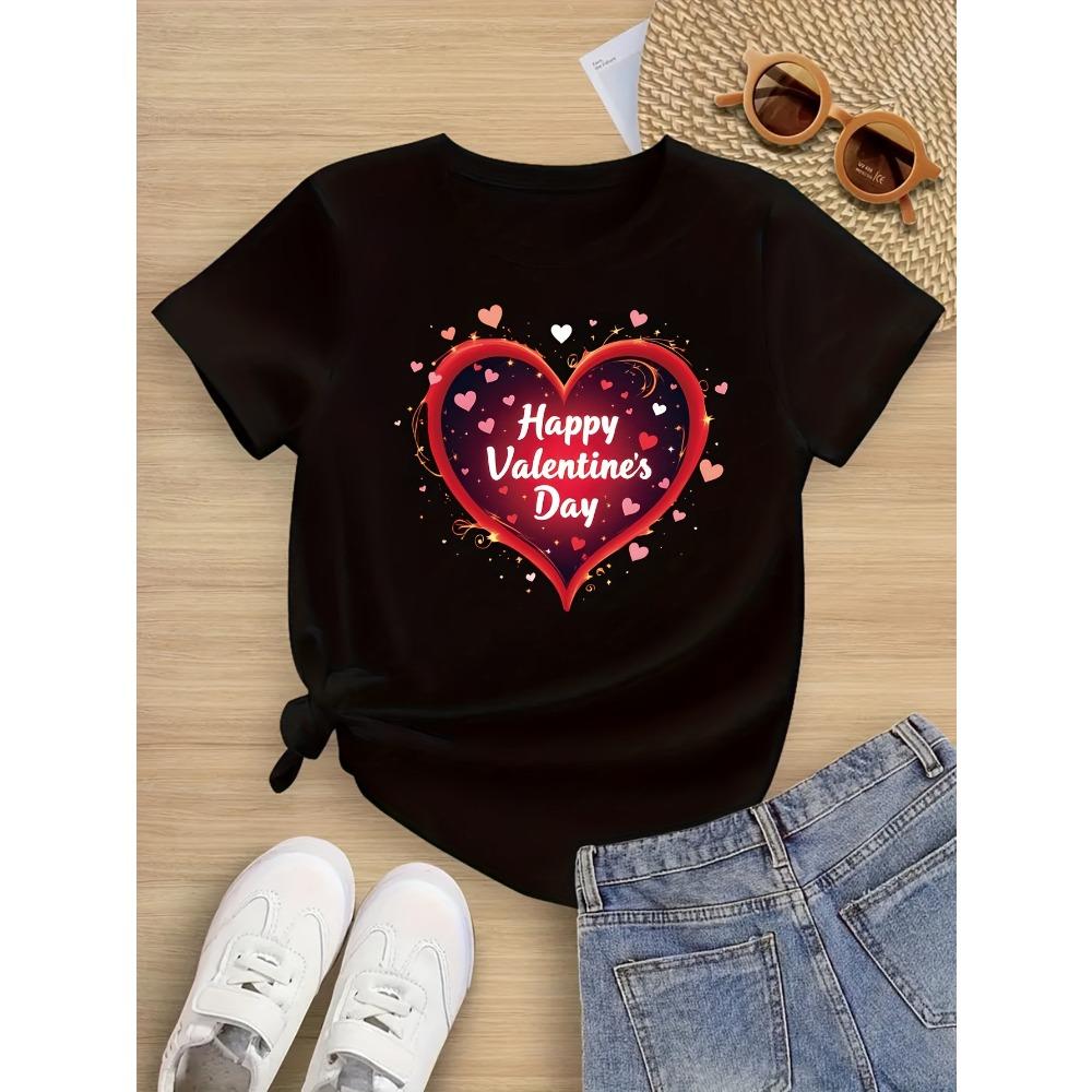 Women's Short Sleeve T-Shirt Valentine's Day Graphic Print with Heart Sparkling Stars "Happy Valentine's Day" Aesthetic Clothes