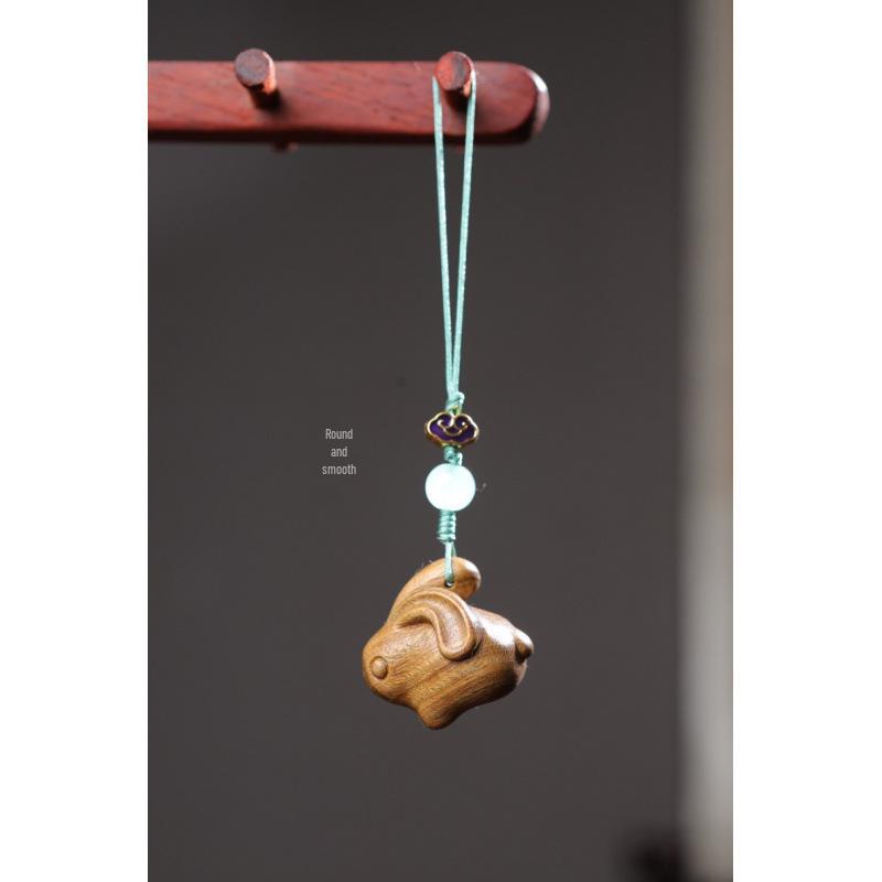 Sandalwood Zodiac Rabbit Phone Charm and Bag Pendant - Cute Cartoon Droopy-Eared Rabbit Accessory