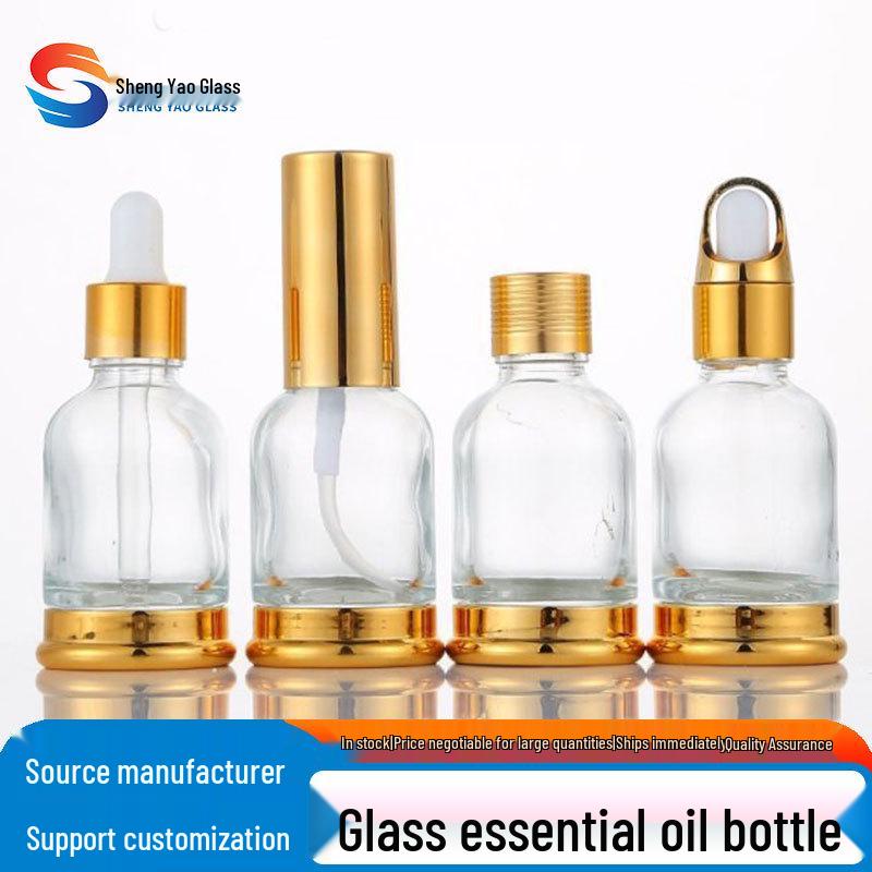 Auf Lager Goldene Basis Ätherische Öl Flasche - Transparente Glas Serum Flasche mit Gummi Kopf Tropfer, Versiegelte Leere Kosmetik Probe Flasche.