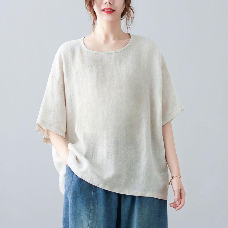 Casual Artistic Cotton Linen Women's T-Shirt Short Sleeves Vintage Top for Summer Plus Size Loose Fit Mother Clothing