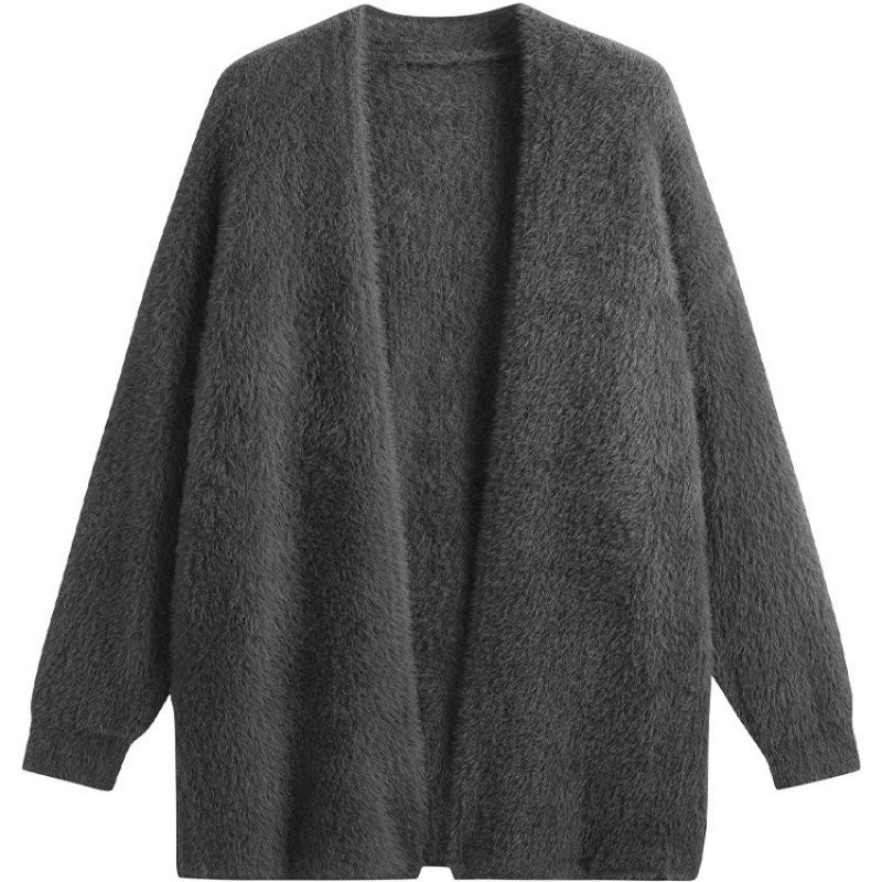 Autumn and winter fashion loose foreign style imitation mink cardigan solid color advanced sense simple medium and long sweater jacket